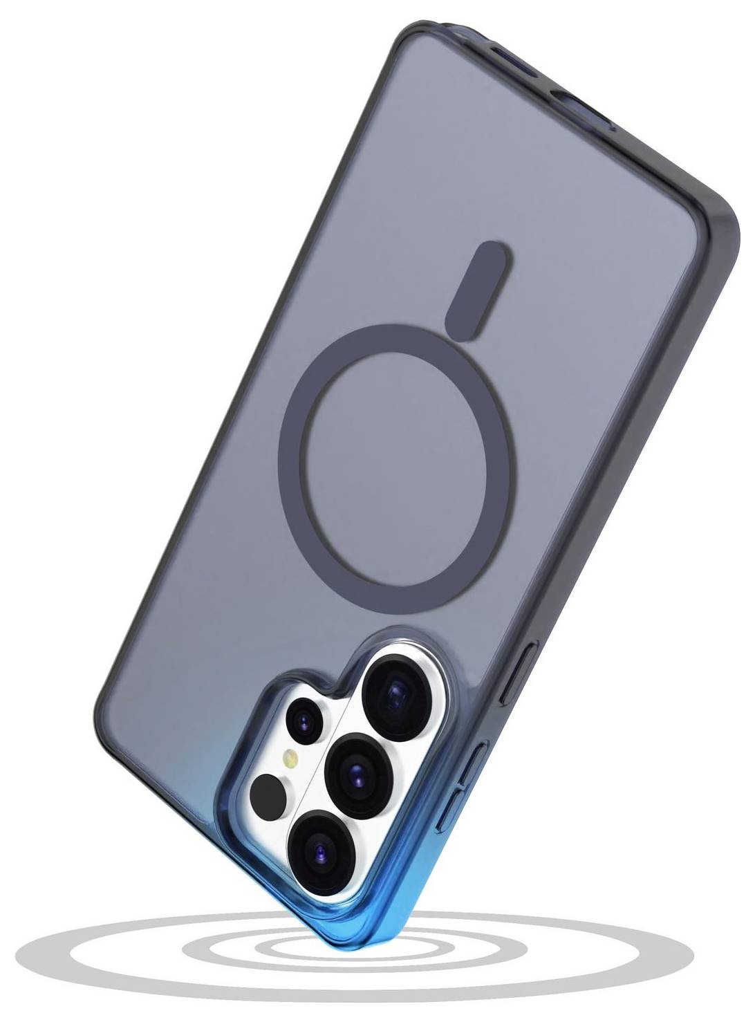 Eine Handyhülle mit einem MagSafe-Ring, entworfen für ein iPhone mit drei Kameraobjektiven. Die Hülle ist transparent mit einem grauen Farbton.