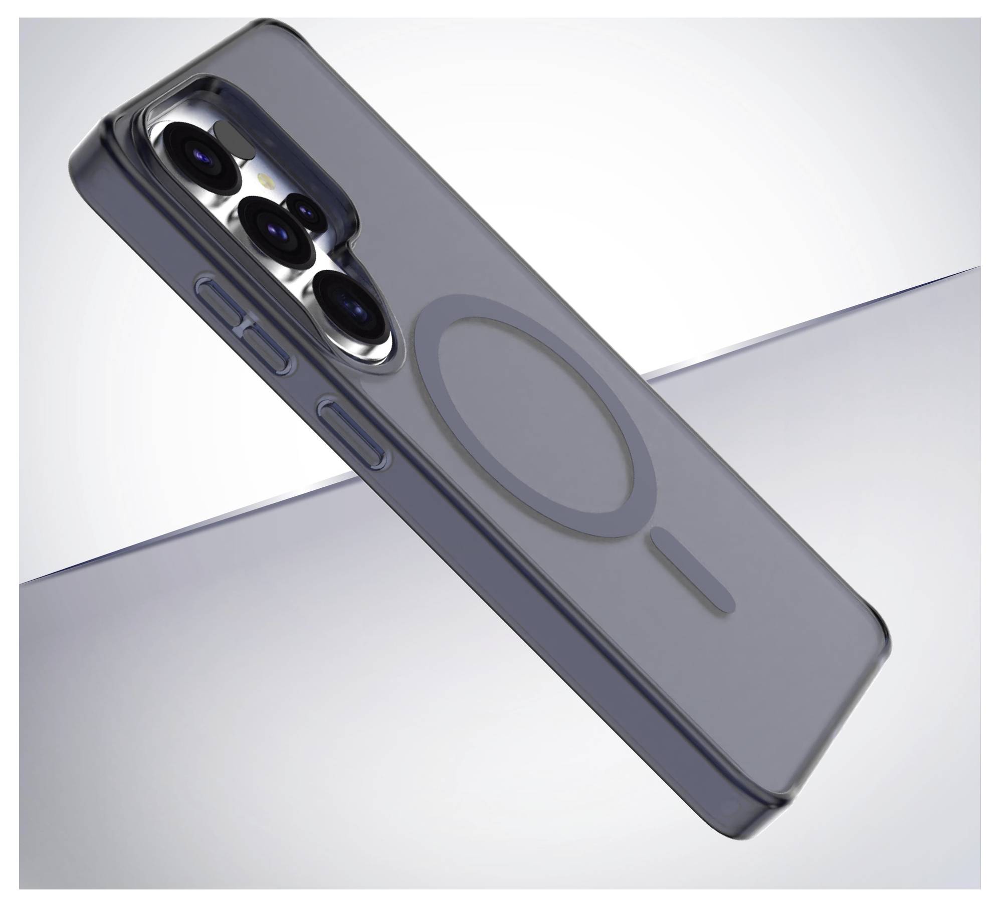 Ein Smartphone mit elegantem transparentem Gehäuse, das auf der Rückseite einen prominenten MagSafe-Ring aufweist, schräg vor einem grauen Hintergrund angebracht.