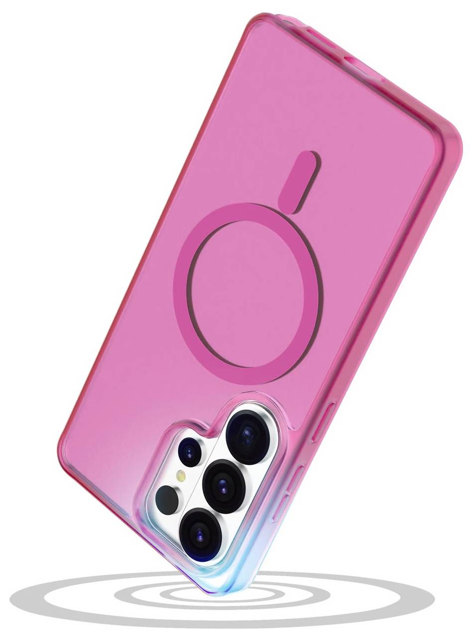 Eine rosa Smartphone-Hülle mit MagSafe-Kompatibilität, konzipiert für ein Telefon mit mehreren rückwärtigen Kameras.