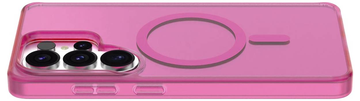 Eine rosa Handyhülle für ein Smartphone mit vier Kameraobjektiven, die MagSafe-Kompatibilität mit einem eingebetteten Magnetring aufweist.