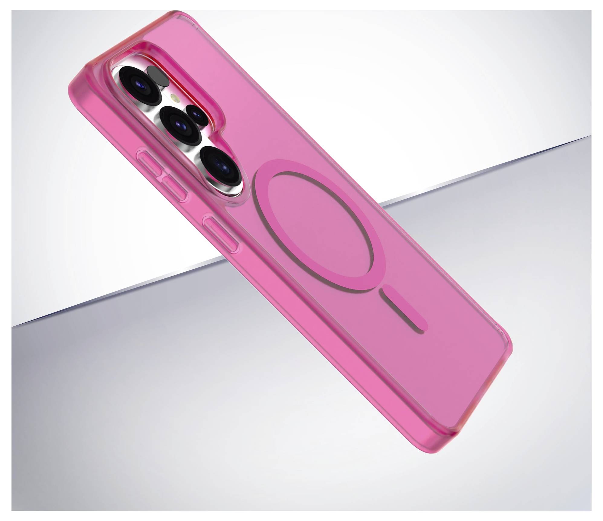 Ein rosa Handyhülle mit drei Kameraöffnungen und einem zentralen Kreisdesign auf einer reflektierenden Oberfläche.