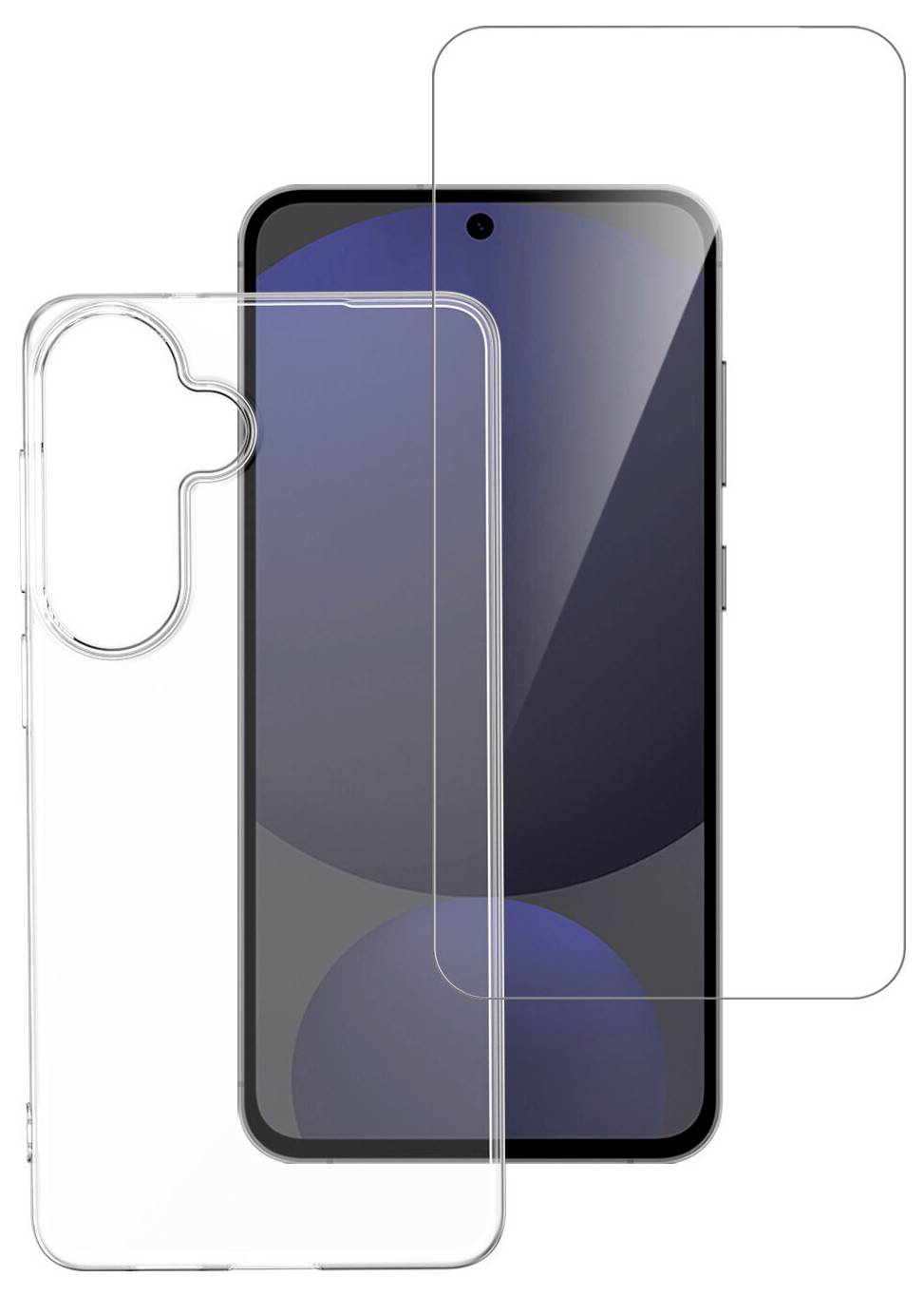 Ein Smartphone mit einer transparenten Schutzhülle und Displayschutzfolie, das ein modernes, elegantes Design mit einer Kameraaussparung präsentiert.
