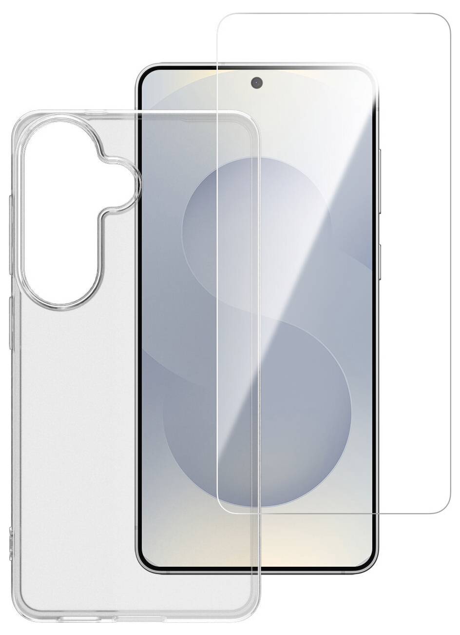 Ein transparentes Handyhülse und Displayschutzfolie auf einem Smartphone mit minimalem grauem Hintergrundbild angezeigt.