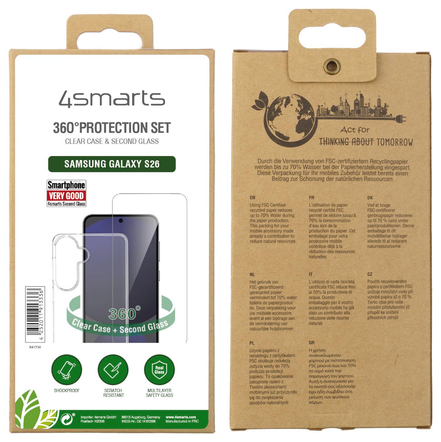 '4smarts 360° Protection Set' Verpackung mit klarer Schutzhülle und Glas für Samsung Galaxy S26; umweltfreundliches Design mit Stadtskyline-Illustration.