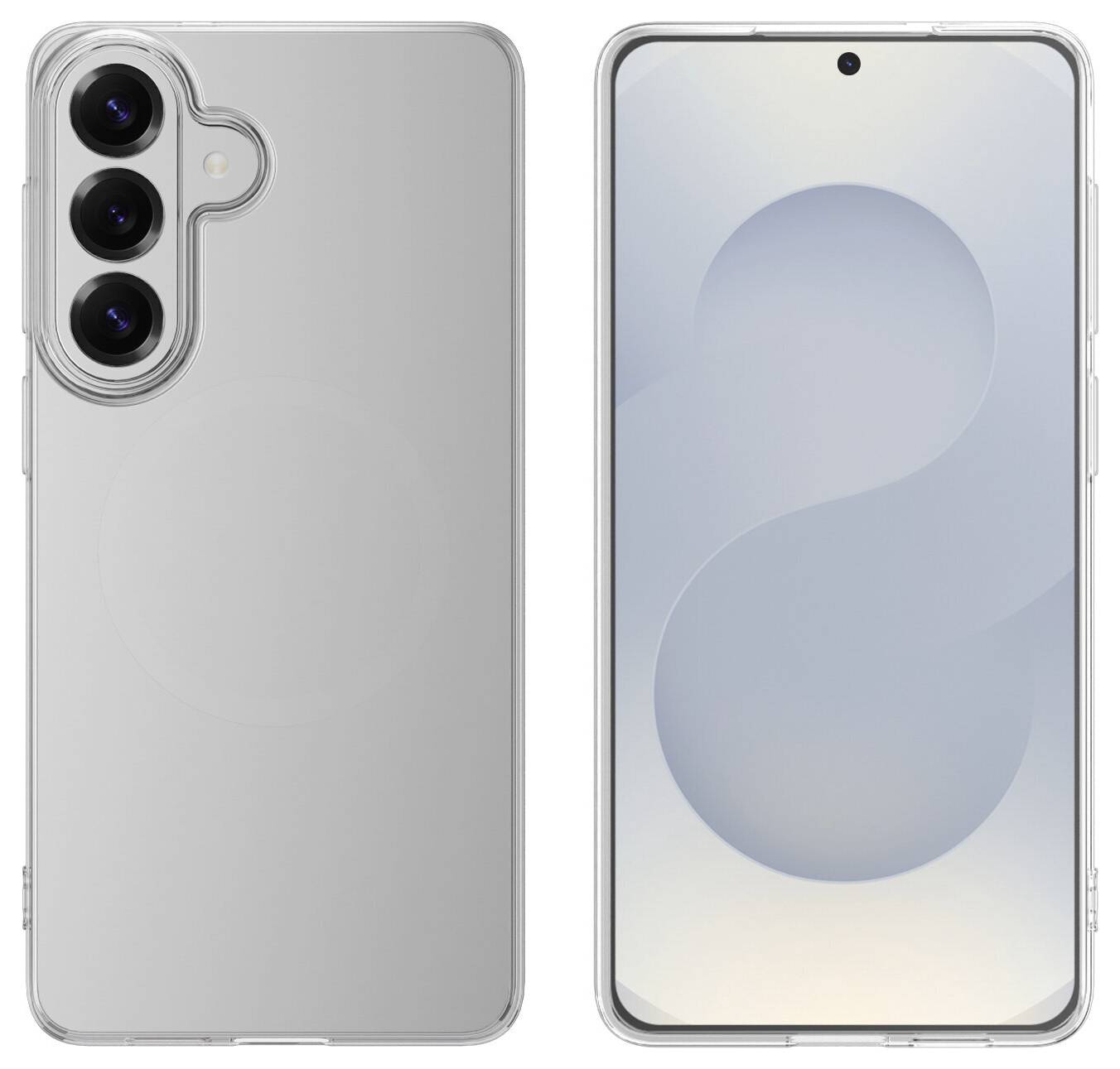 Vorder- und Rückseite eines Smartphones mit dreifacher Kameraanordnung und minimalistischem, silbernem Design.