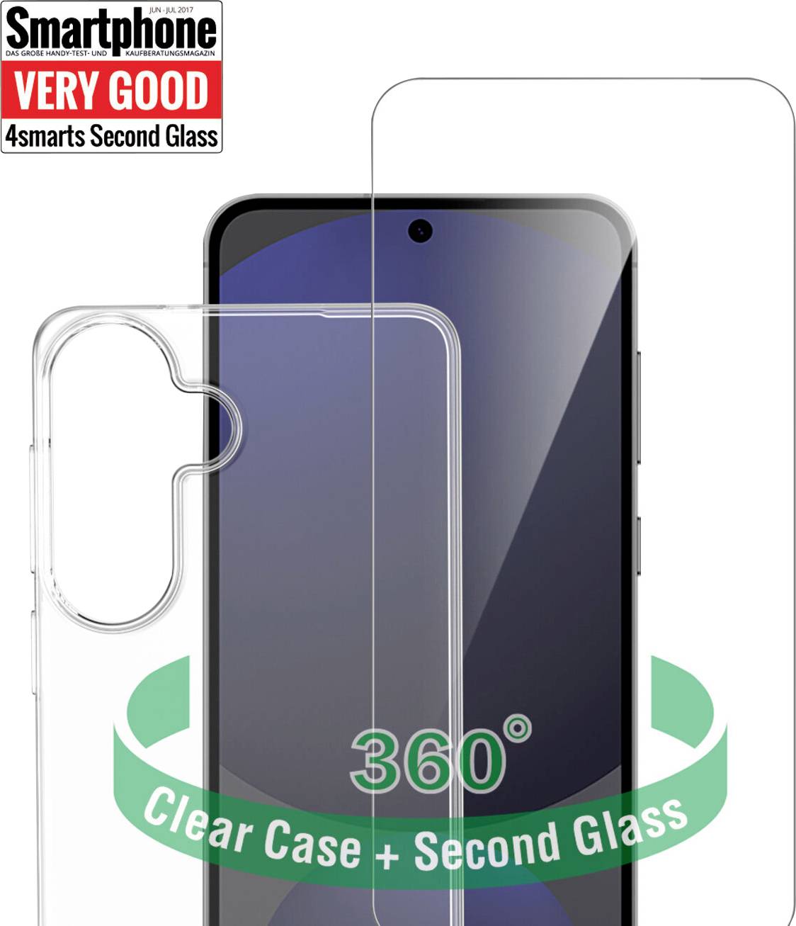 Ein Smartphone mit dreifacher Rückkamera und einer transparenten Schutzhülle, zeigt Vorder- und Rückansicht.