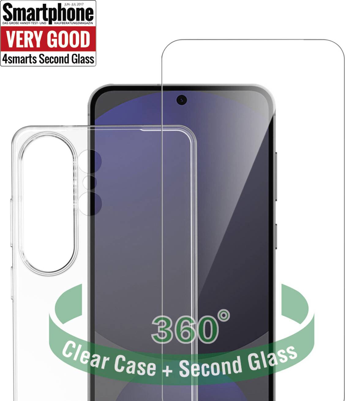 Klare Hülle und zweites Glas für ein Smartphone, bietet 360-Grad-Schutz. Der Text lautet „Smartphone SEHR GUT, 4smarts Second Glass.