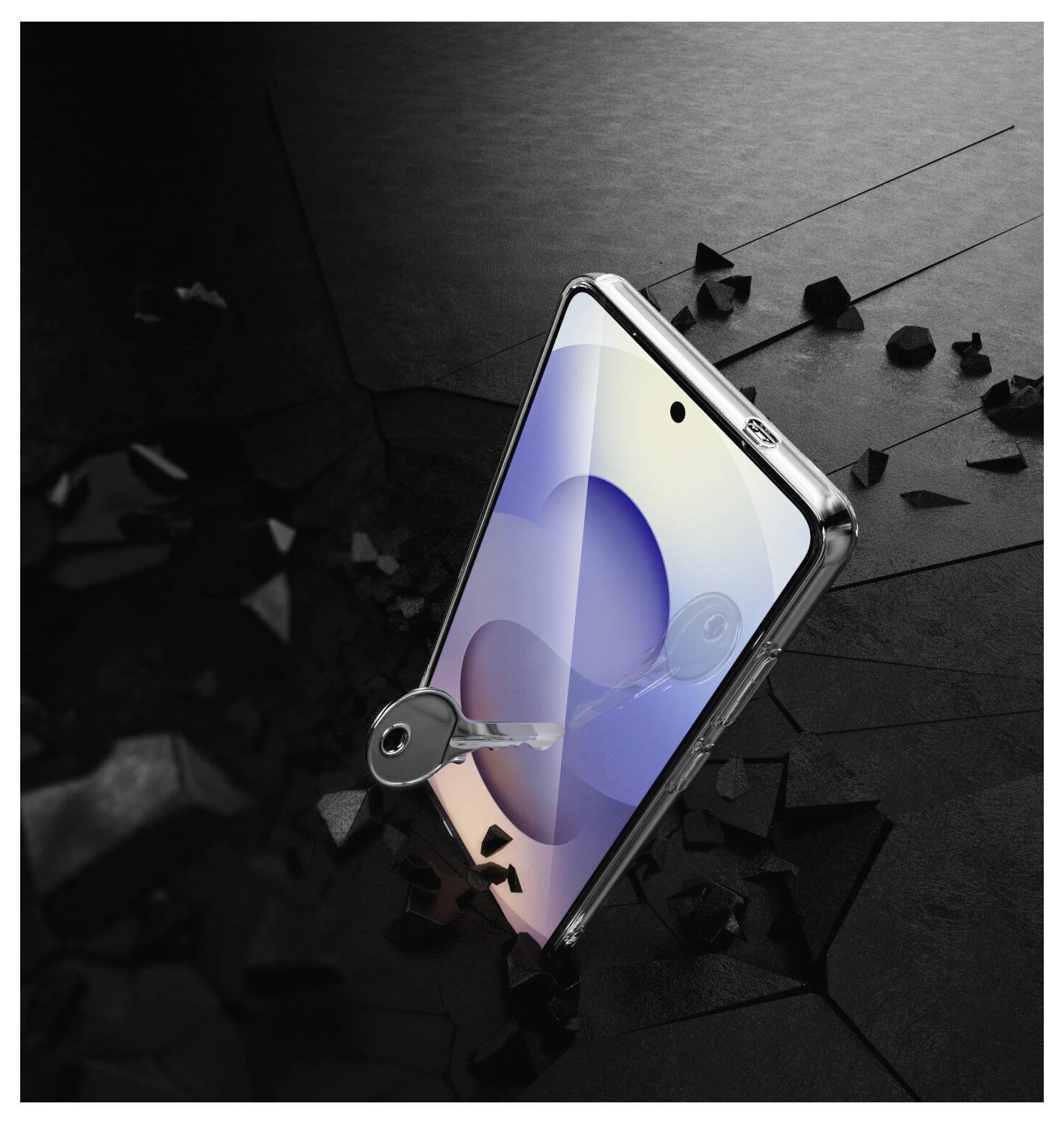Ein Smartphone mit einem glatten, reflektierenden Bildschirm steht auf einer dunklen, zerklüfteten Oberfläche; ein Schlüssel ist auf den Bildschirm gerichtet und symbolisiert Haltbarkeit.
