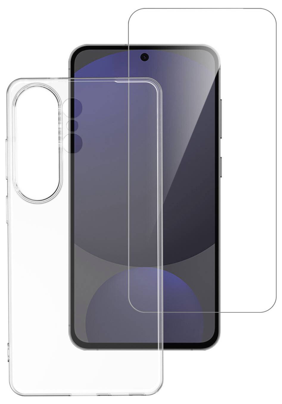 Ein Smartphone mit durchsichtiger Schutzhülle und Bildschirmschutzfolie, das Vorder- und Rückansichten zeigt, einschließlich Kameraausschnitte und Knopfaussparungen.
