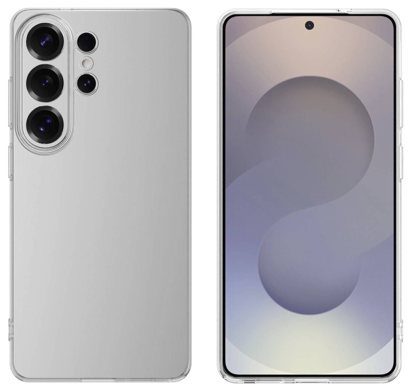 Vorderseite und Rückseite eines modernen Smartphones mit drei hinteren Kameras und einem Bildschirm, der eine Farbverlauf-Tapete anzeigt.