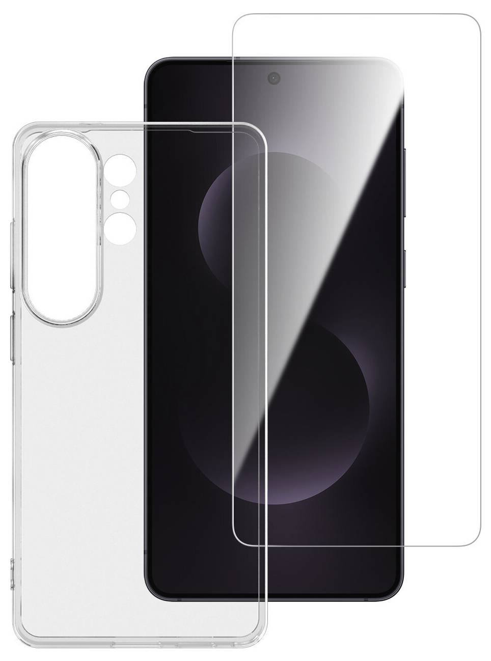 Ein Smartphone mit einer transparenten Displayschutzfolie und einer durchsichtigen Schutzhülle, separat abgebildet.
