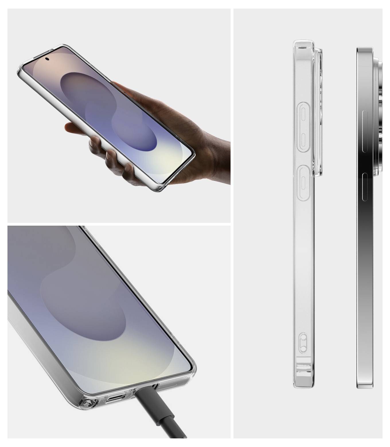 Ein Smartphone, das in einer Hand gehalten wird, zeigt ein schlankes Profil mit abgerundeten Kanten. Die Bilder zeigen das vordere Display, die Seitentasten und den Ladeanschluss.