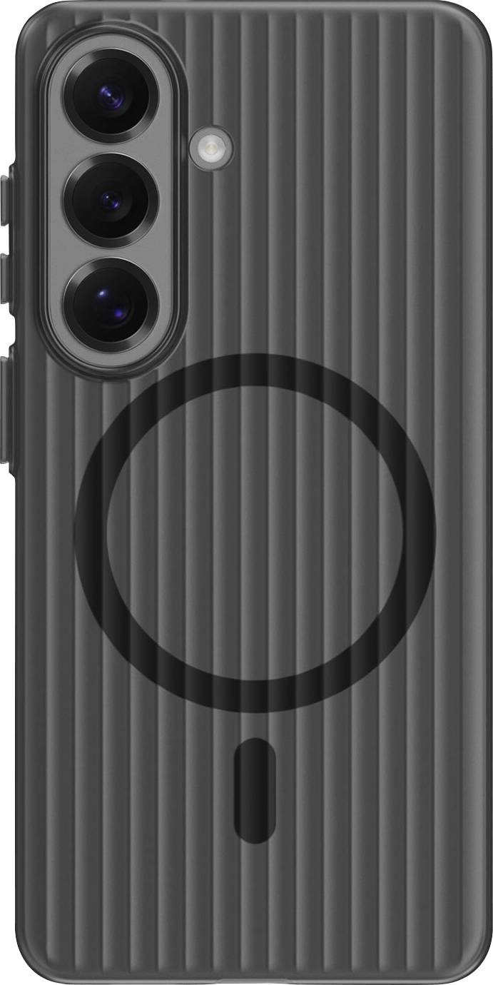 Ein blaues Handycover mit strukturiertem Design, einer kreisförmigen Erhebung in der Mitte und Aussparungen für drei rückwärtige Kameras sowie das Samsung-Logo.