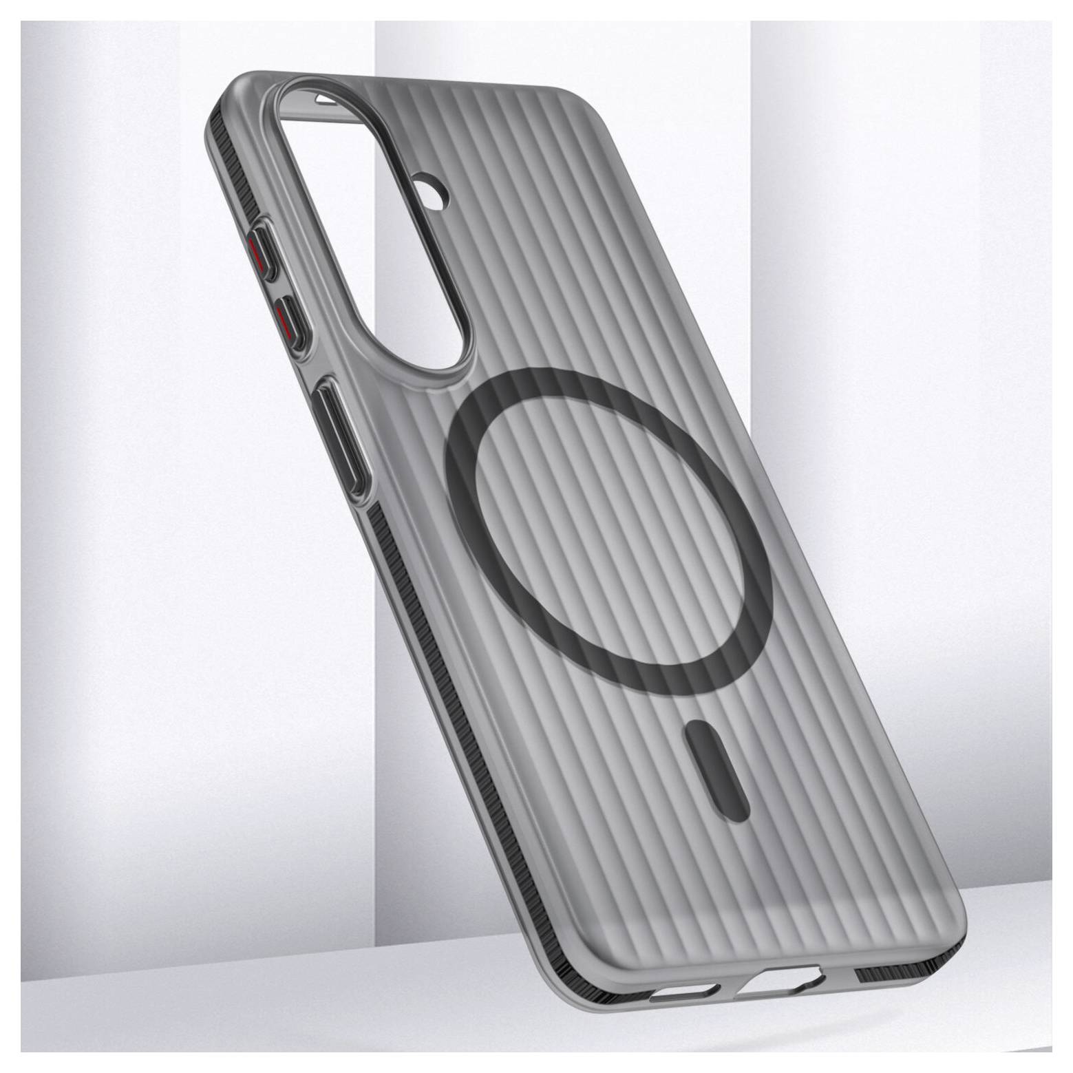 Ein strukturiertes graues Smartphone-Etui mit einem kreisförmigen MagSafe-Design schwebt vor einem gestreiften grauen Hintergrund und zeigt sein elegantes Design.
