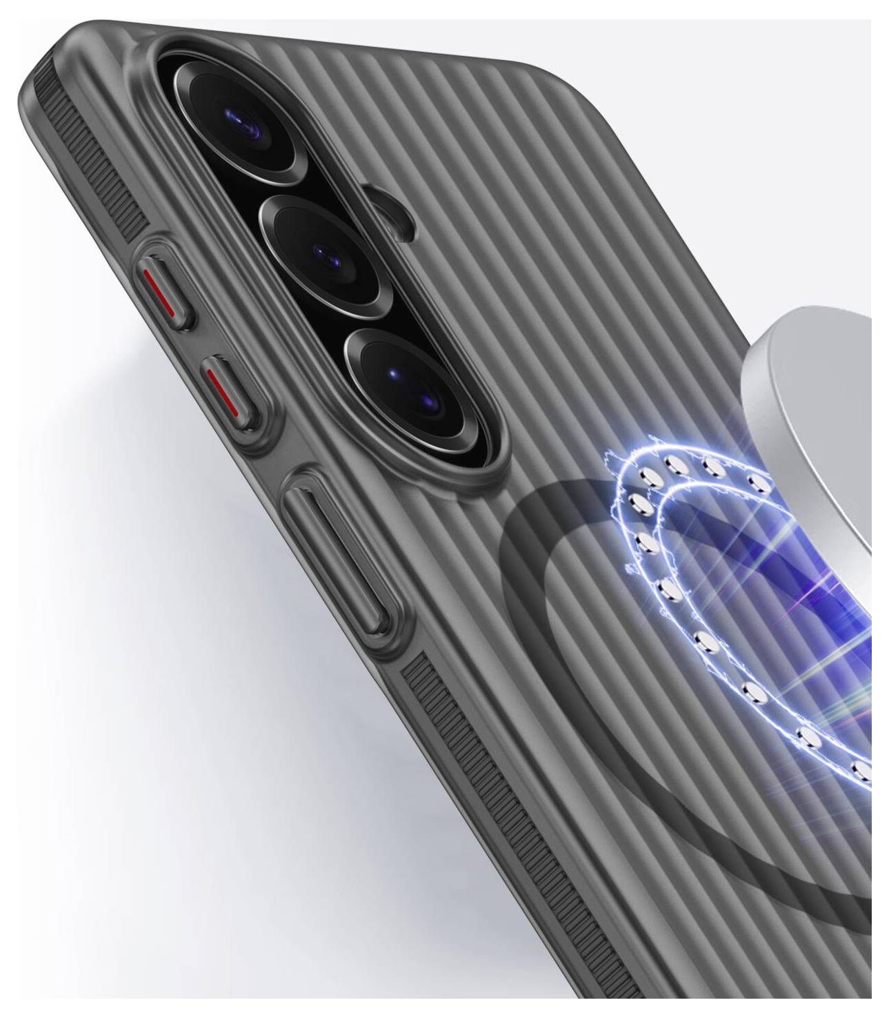 Ein Smartphone mit einer schwarzen, strukturierten Schutzhülle, die auf der Rückseite neben den Kameraobjektiven ein blaues kreisförmiges LED-Muster aufweist.