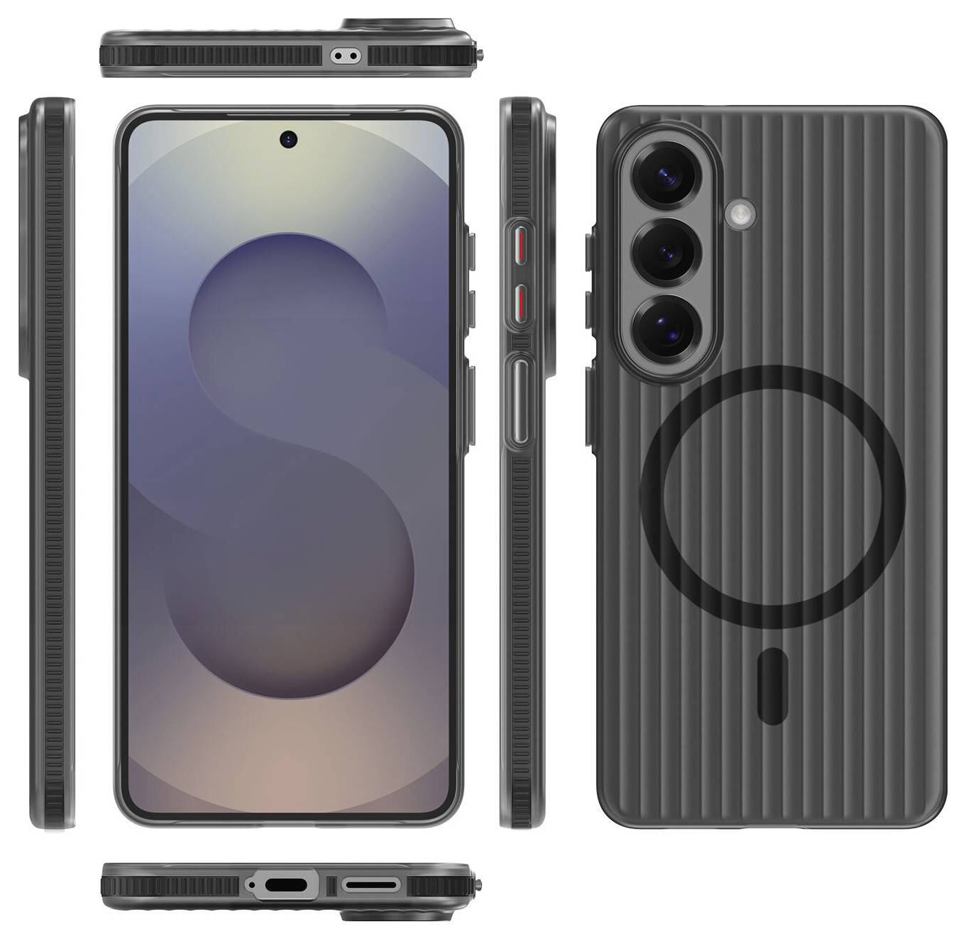 Das Bild zeigt ein Smartphone mit einer Schutzhülle mit gerippter Textur und drei rückwärtigen Kameras, das aus mehreren Blickwinkeln dargestellt ist.