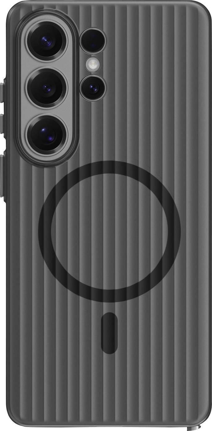Ein Smartphone-Case in Dunkelgrau mit strukturiertem Streifenmuster und Kreisdesign, das präzise Ausschnitte für mehrere Kameraobjektive aufweist.