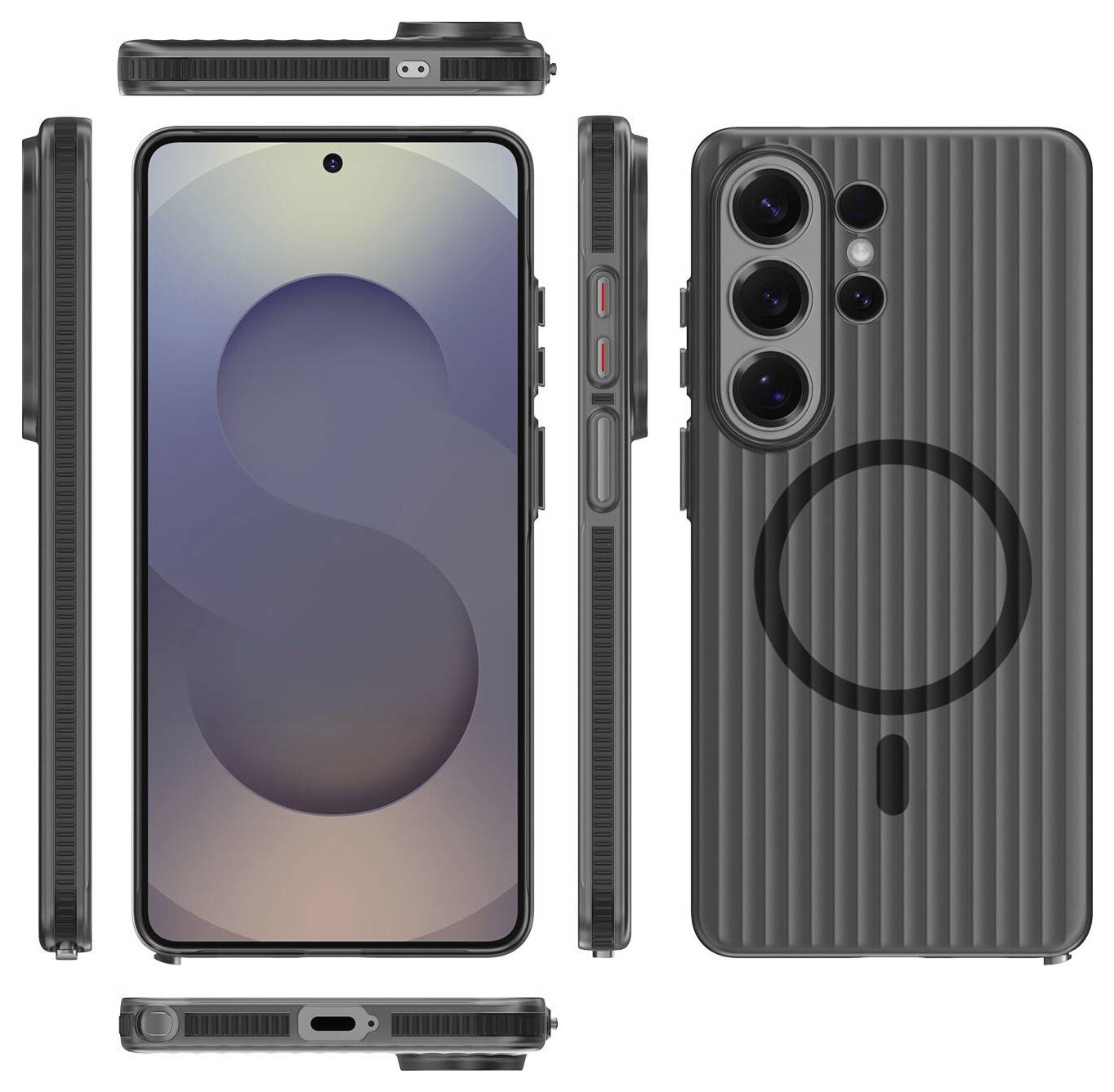 Ein elegantes Smartphone mit strukturierter Hülle, das mehrere Seitenansichten zeigt. Das vordere Display zeigt ein minimalistisches Hintergrundbild mit einem Gradienten in Form eines „S