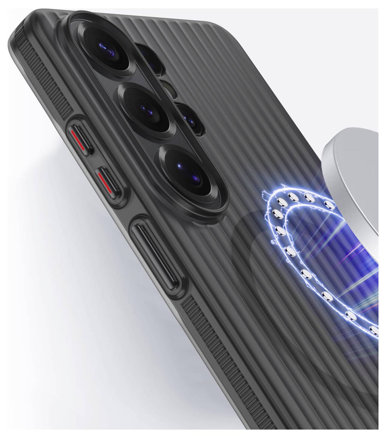 Ein Smartphone mit einer strukturierten schwarzen Schutzhülle mit einem kreisförmigen Array von leuchtenden blauen Lichtern auf der Rückseite, in der Nähe der Kameraobjektive.