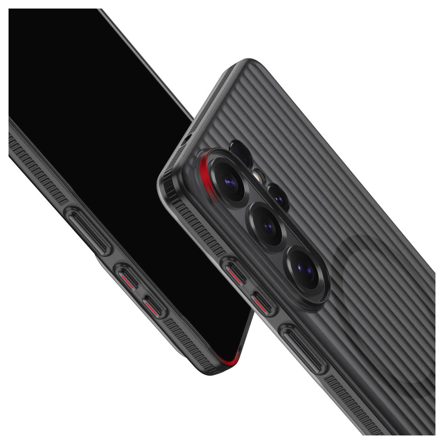 Eine Nahaufnahme eines eleganten, modernen Smartphones mit strukturiertem dunklem Case, das sein Quad-Kamera-Setup und detaillierte Tasten-Features hervorhebt.