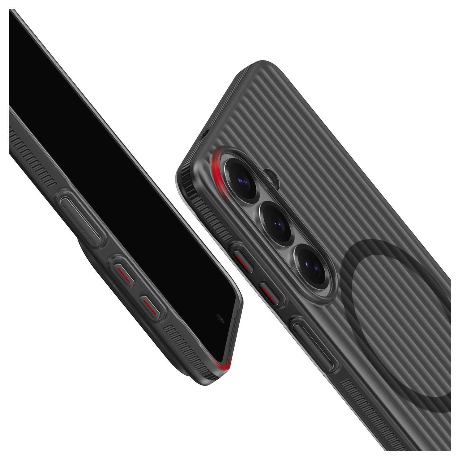 Ein elegantes schwarzes Smartphone mit strukturiertem Case und roten Akzenten, das eine dreifache Rückkamera und Seitenschaltflächen hervorhebt.