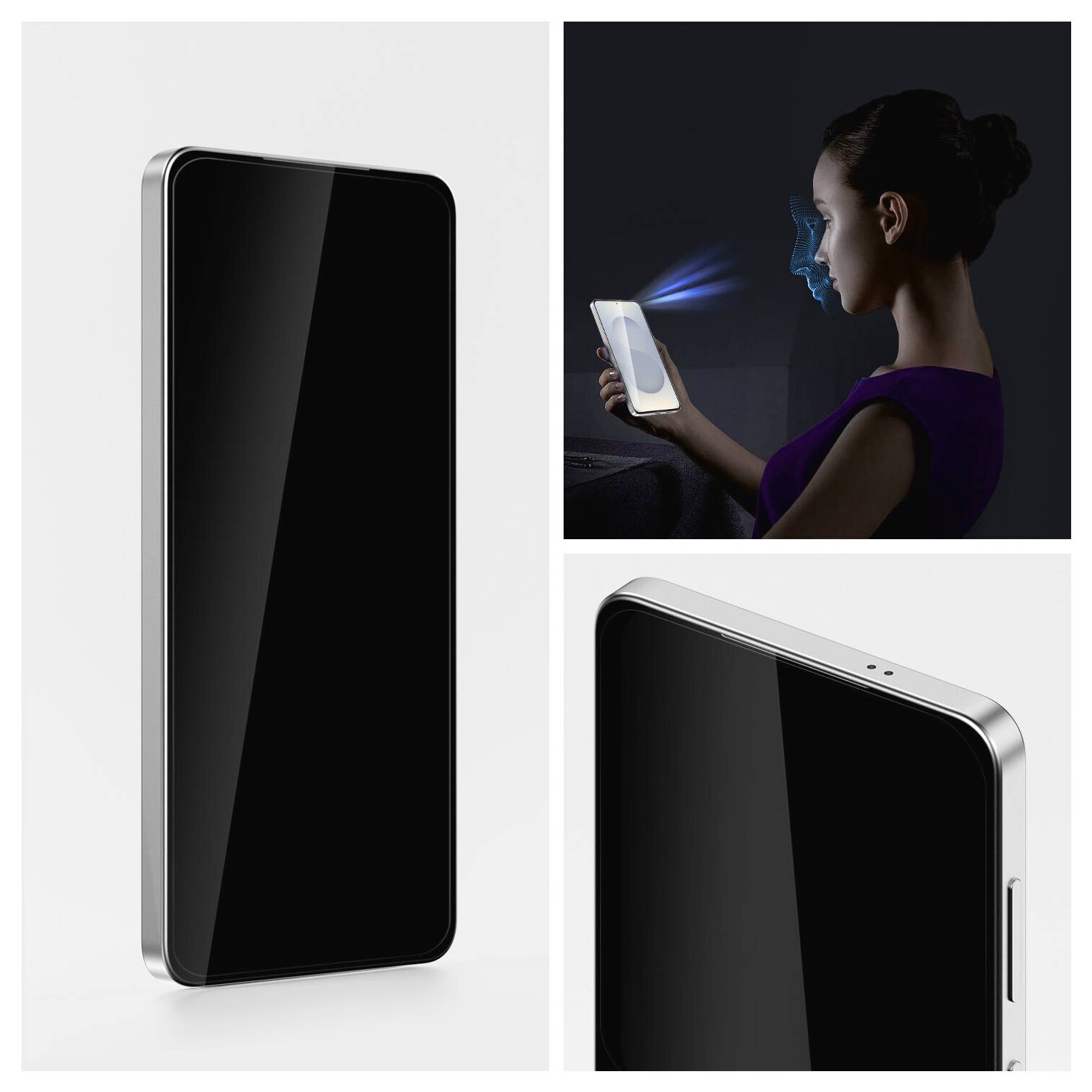 Eine Person hält ein Smartphone und nutzt Gesichtserkennungstechnologie, die durch blaue Linien angedeutet wird, die auf ihr Gesicht projiziert werden.