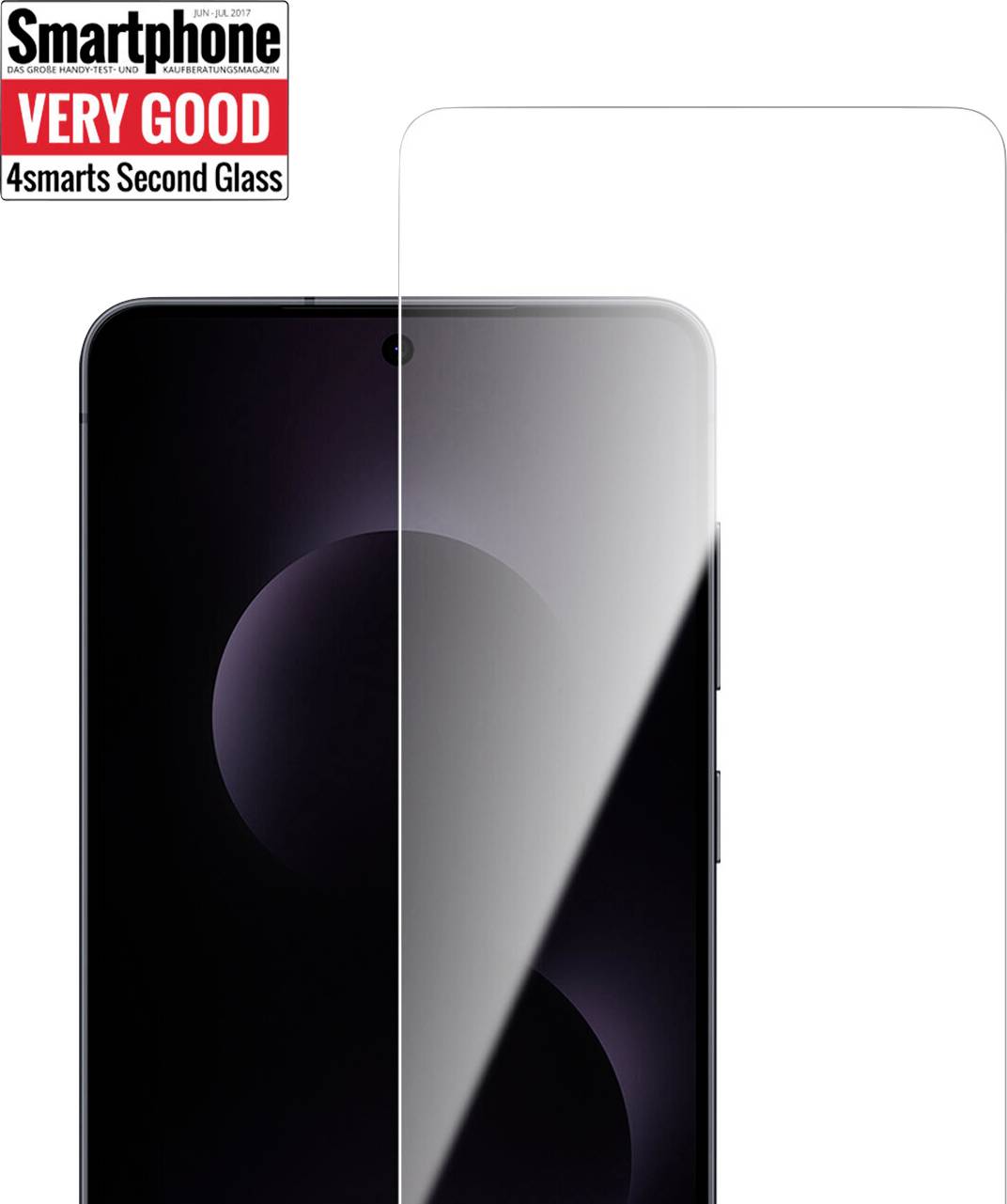 Ein Smartphone mit angebrachtem Displayschutz. In der oberen linken Ecke wird ein Bewertungsetikett 