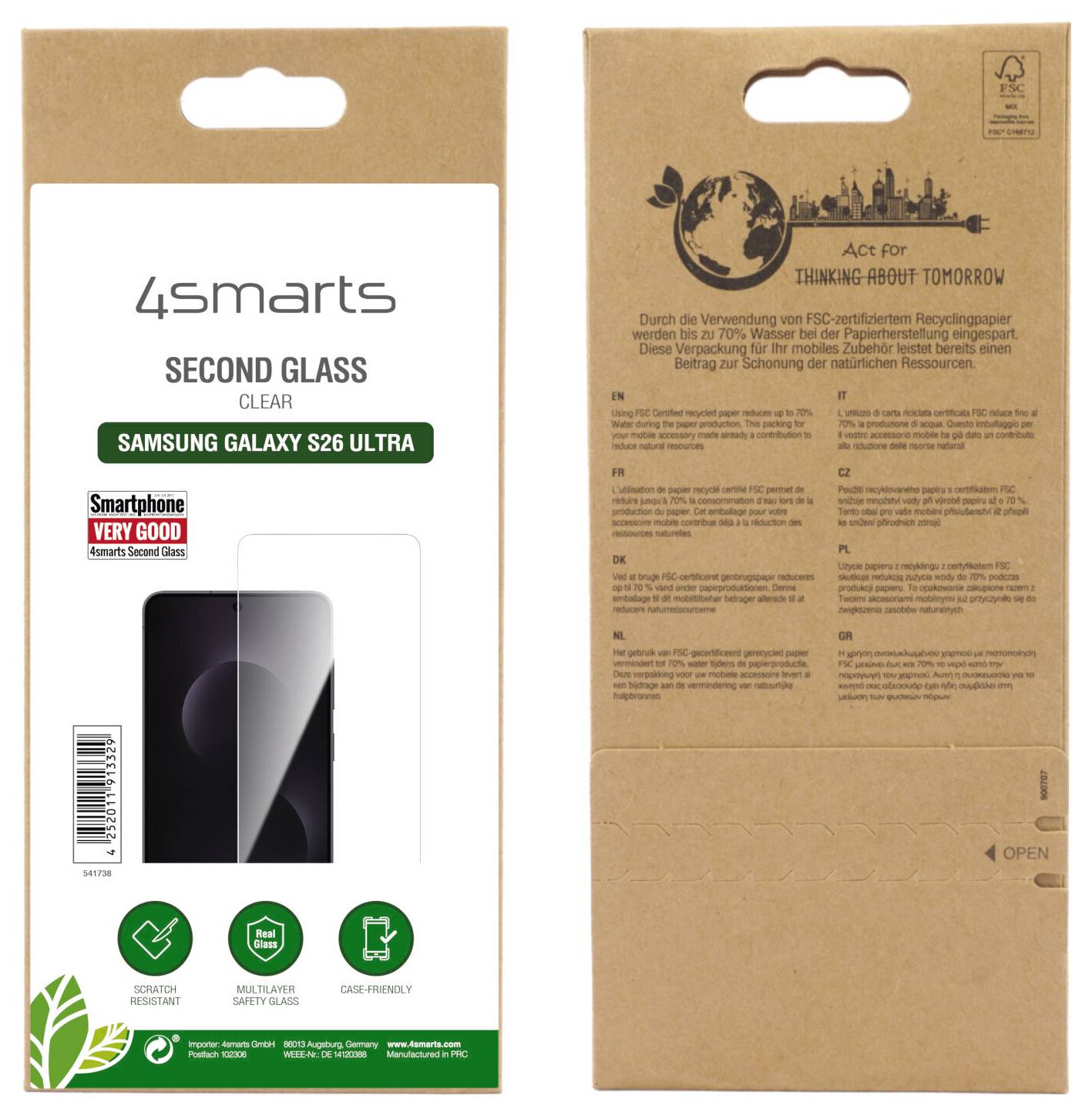 Verpackung für einen '4smarts Second Glass' Displayschutz für Samsung Galaxy S26 Ultra, mit Installationssymbolen und umweltfreundlicher Botschaft.