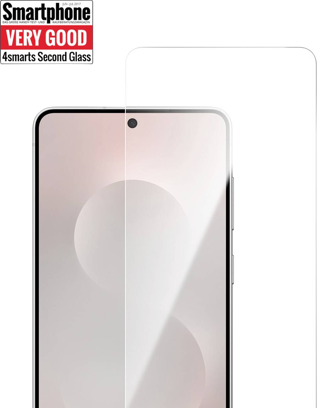 Ein Smartphone-Bildschirm mit Schutzglas, daneben eine Bewertung mit der Bezeichnung „Smartphone SEHR GUT 4smarts Second Glass