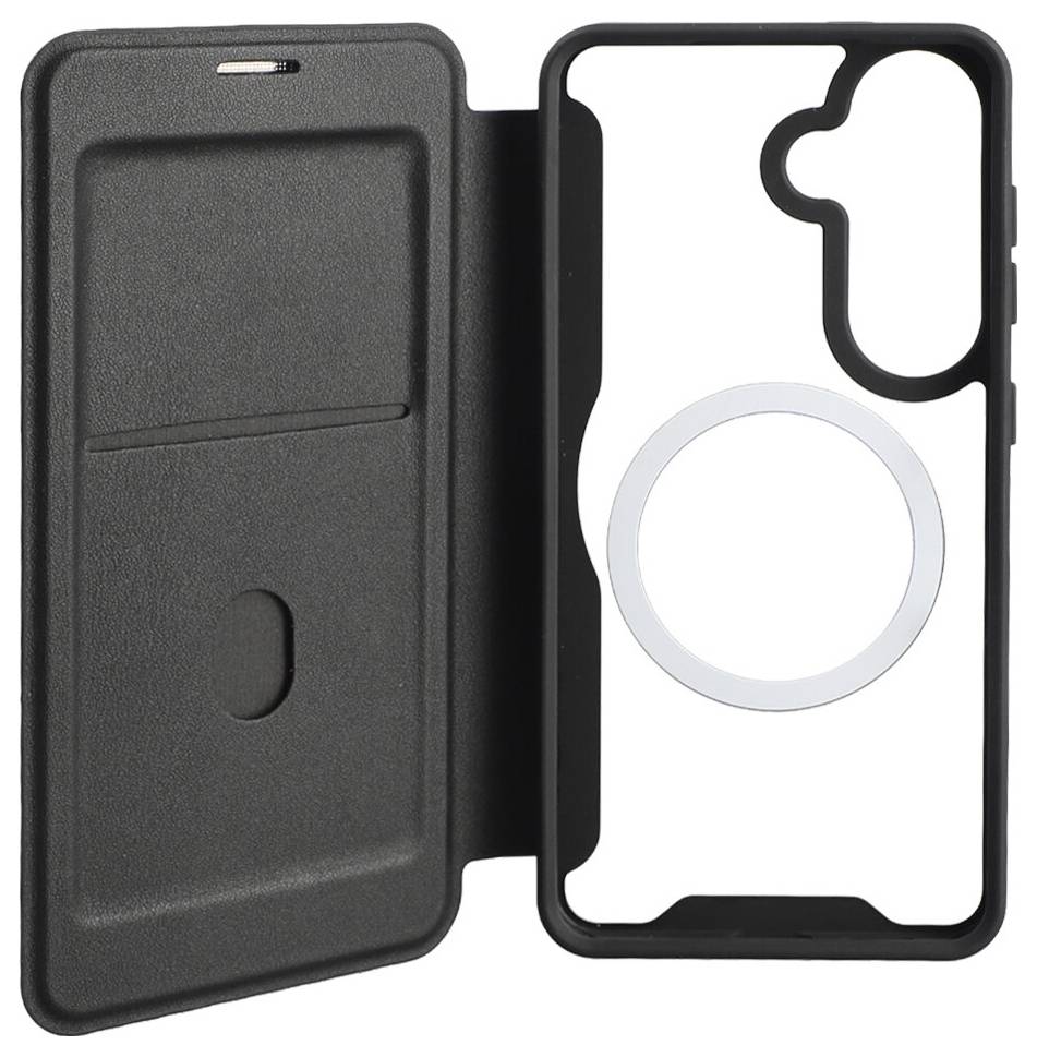 Offene schwarze Smartphone-Hülle mit sichtbarem Magnetring im Inneren, entwickelt für den Geräteschutz und einfache Befestigung an Magnethalterungen.