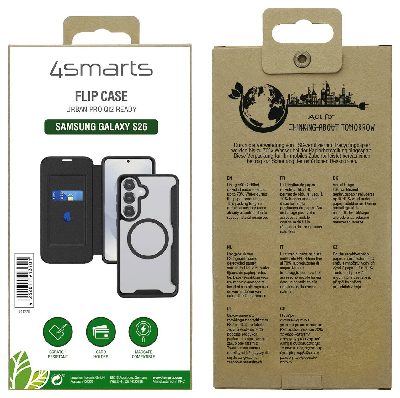 4smarts Flip Case Verpackung für Samsung Galaxy S26, die Vorder- und Rückseite der Schutzhülle zeigt. Betont Schutzfunktionen, umweltfreundliche Materialien und ein Engagement für Nachhaltigkeit.