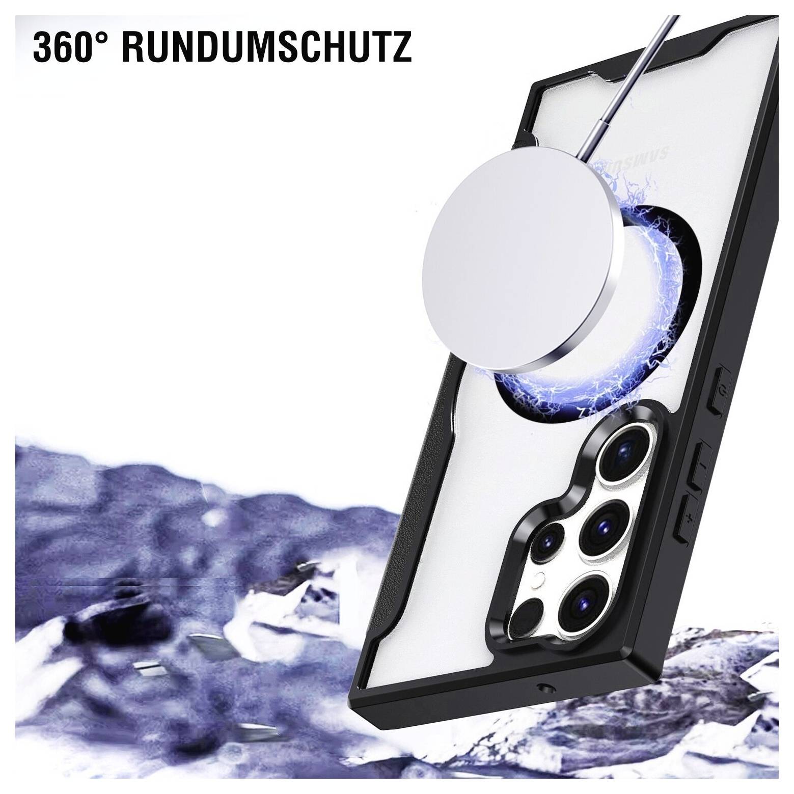 360°-Rundumschutz mit einer Handyhülle mit magnetischer Befestigung, die Schutzfunktion vor einem Wasserspritzer-Hintergrund hervorhebt.