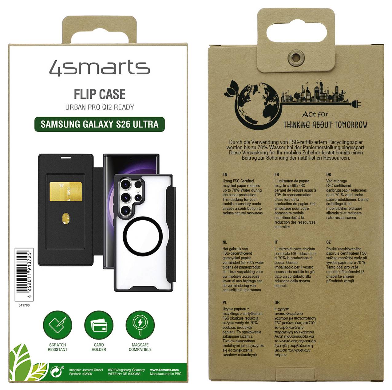 '4smarts' Flip Case Verpackung für Samsung Galaxy S26 Ultra mit Kartenhalter. Die Rückseite hebt umweltfreundliche Materialien und Zertifizierungen hervor.