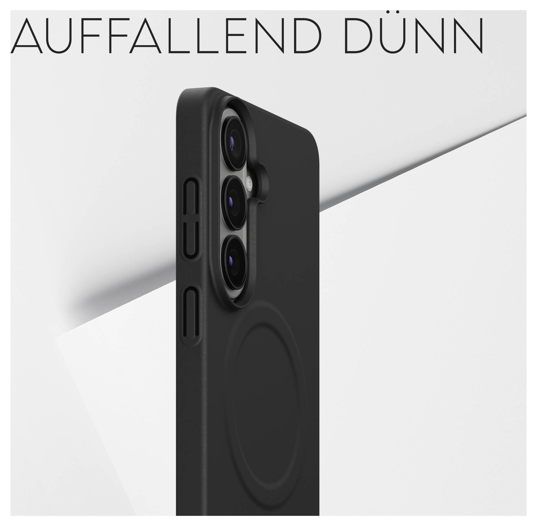 Eine schwarze Handyhülle mit drei Kameraobjektiven, beschrieben durch den deutschen Text „AUFFALLEND DÜNN