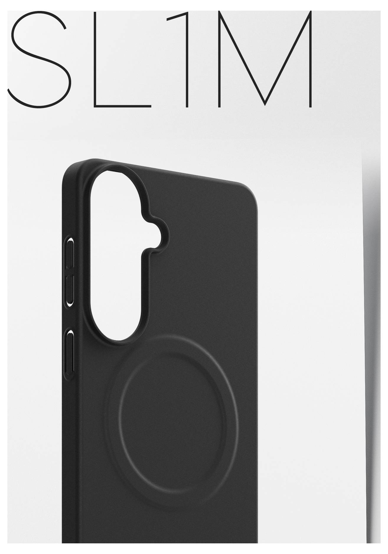 Ein elegantes schwarzes Handygehäuse mit einer kreisförmigen Ausbuchtung, entworfen für schlanke Passform, gezeigt vor einem minimalistischen weißen Hintergrund mit dem Text „SL1M