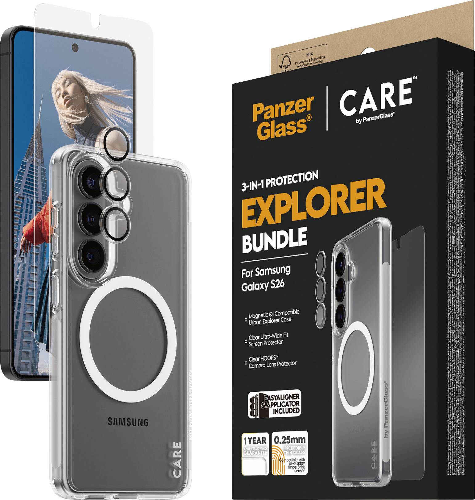 PanzerGlass 3-in-1 Schutzpaket Explorer Bundle für Samsung Galaxy S26 enthält Displayschutzfolie, durchsichtige Schutzhülle und Pflegeanleitung.