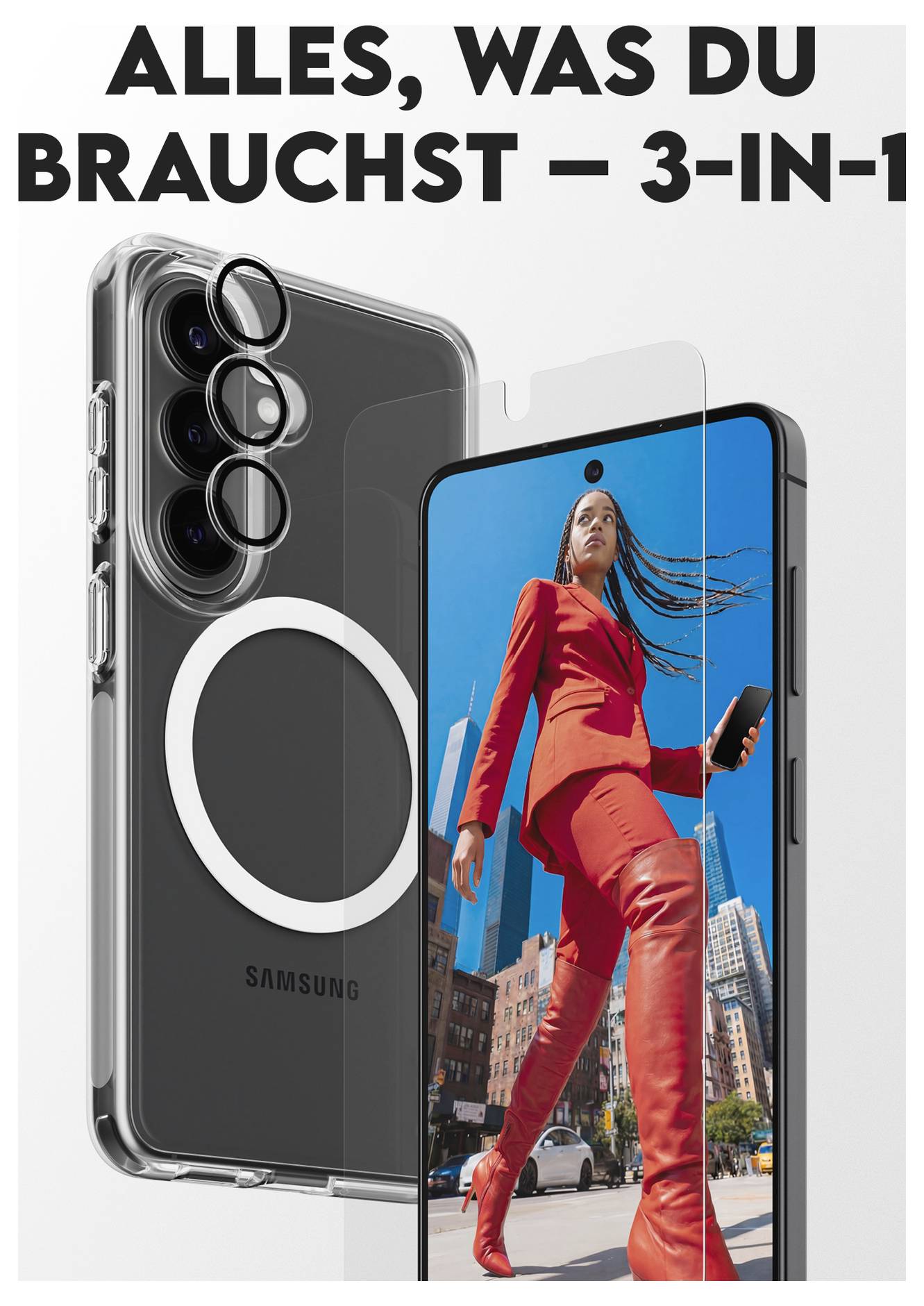 Ein Smartphone mit Schutzhülle und Displayschutzfolie. Eine Frau in rotem Outfit hält das Telefon in einer urbanen Umgebung. Der Text lautet „Alles, was du brauchst – 3-in-1.
