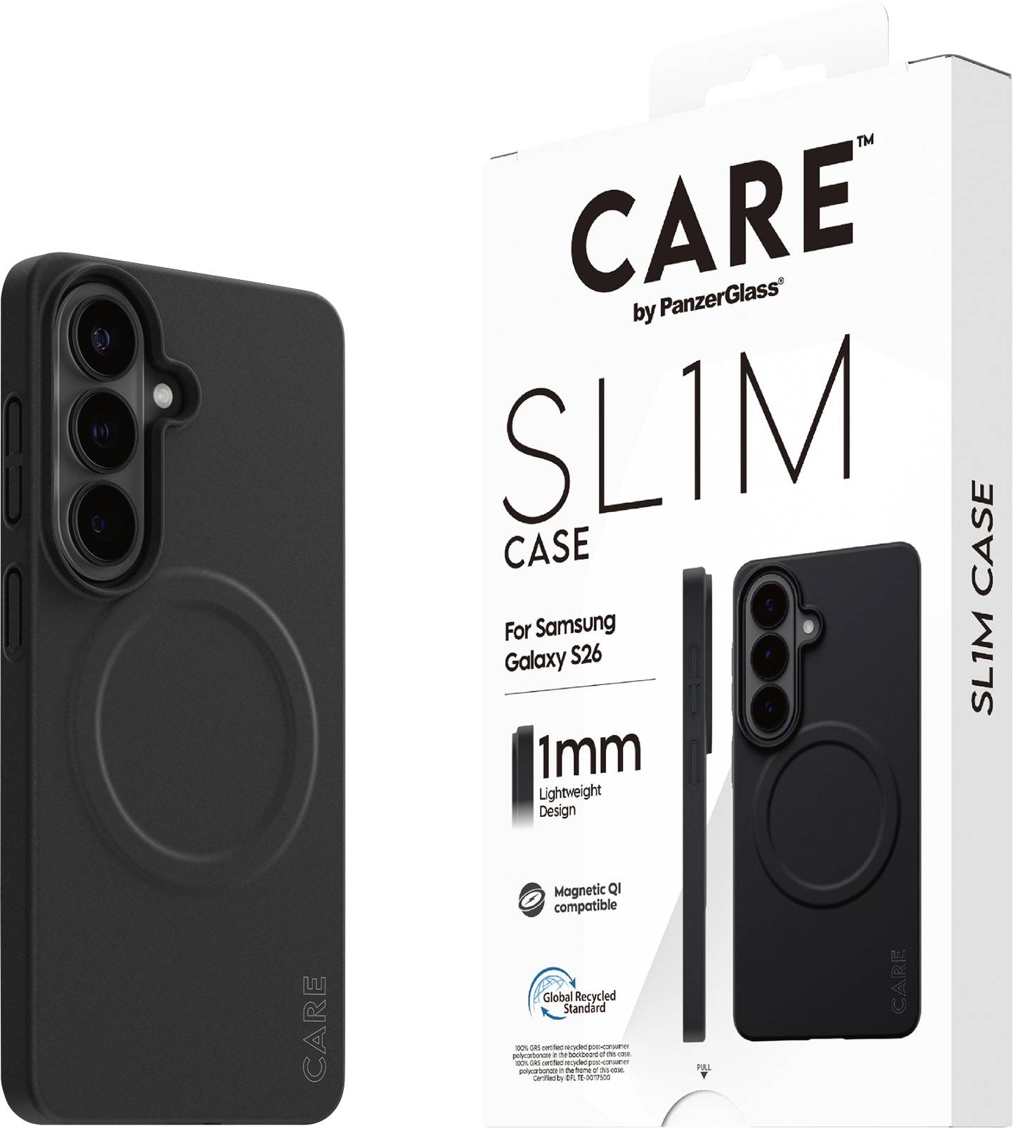 Schwarze SL1M Handyhülle von PanzerGlass für Samsung Galaxy S26 neben der Verpackung gezeigt. Verfügt über ein 1,1 mm dünnes Design, MagSafe- und Qi-Kompatibilität.