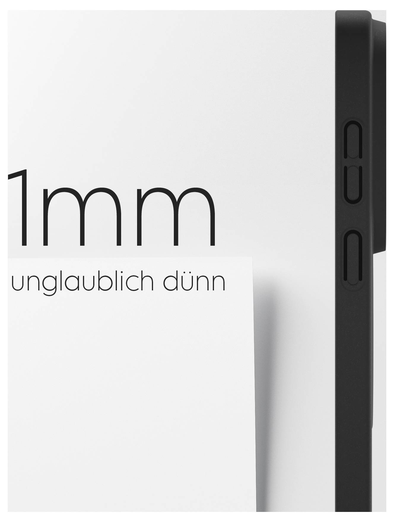 1mm unglaublich dünn' Text auf einem Papier, das teilweise unter eine Gerätekante geschoben ist, um die Dünnheit zu betonen. Das Gerät hat sichtbare Tasten.