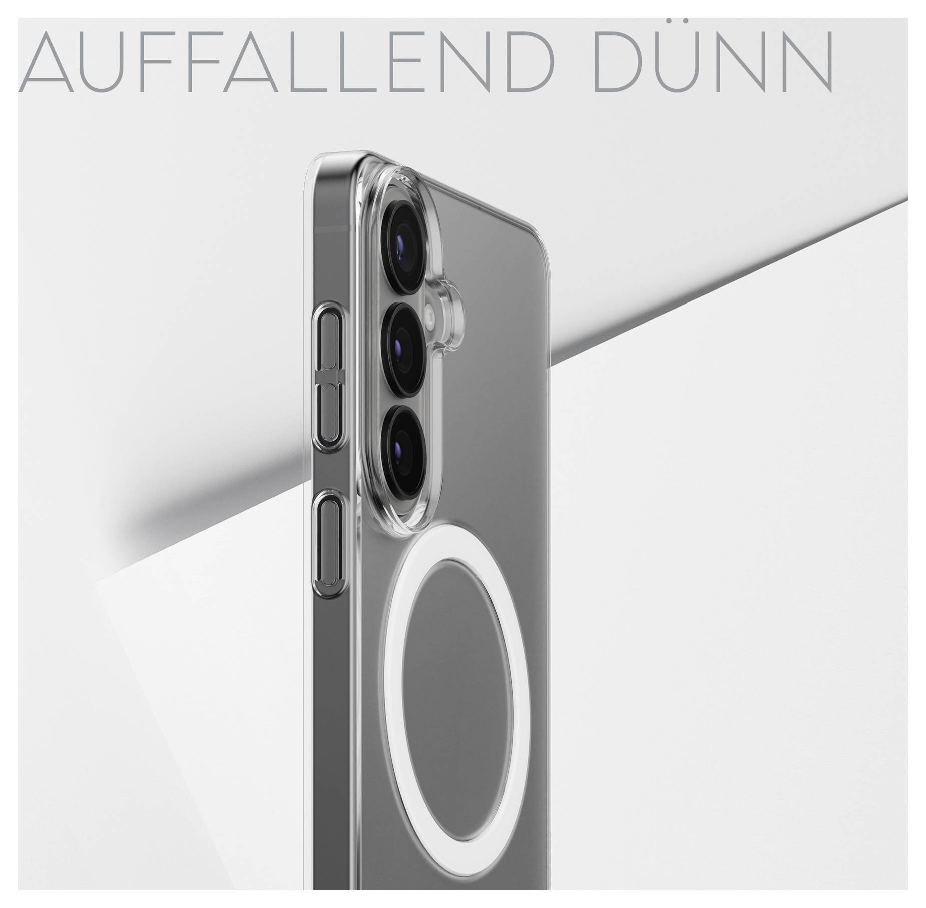 'AUFFALLEND DÜNN' mit einem Bild einer schlanken, dünnen Handyhülle, die drei Kameraobjektive und ein kreisförmiges Muster auf der Rückseite zeigt.