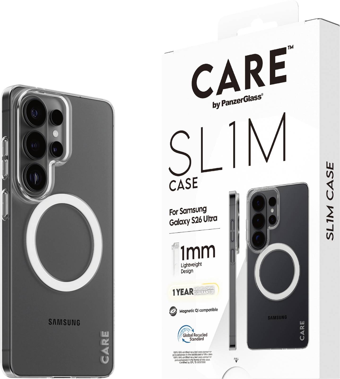 Eine durchsichtige Schutzhülle für Samsung Galaxy S23 Ultra mit schwarzem Ringdesign und umweltfreundlicher Verpackung mit Markenlogos.