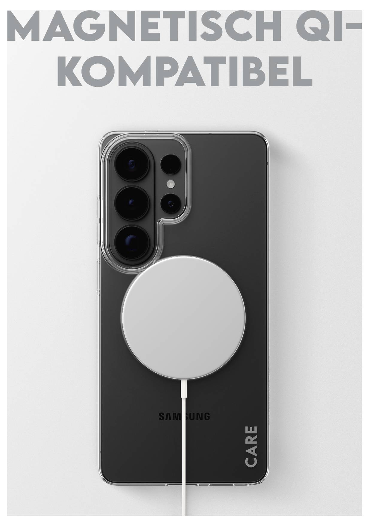 Ein Samsung-Telefon mit einem an der Rückseite angebrachten Qi-kompatiblen magnetischen Ladegerät. Der Text oben lautet: Magnetisch Qi-kompatibel.