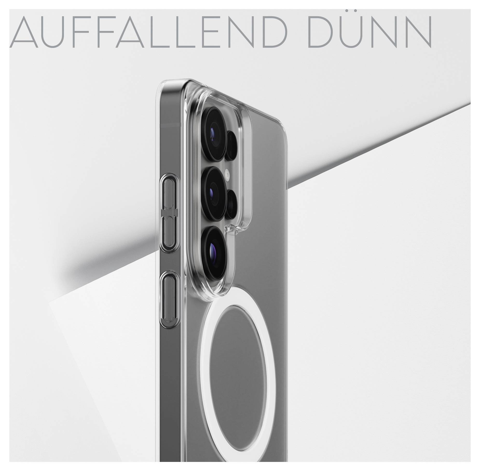 Eine transparente Handyhülle mit Kameraausschnitten und MagSafe-Kompatibilität, mit dem Text „Auffallend dünn