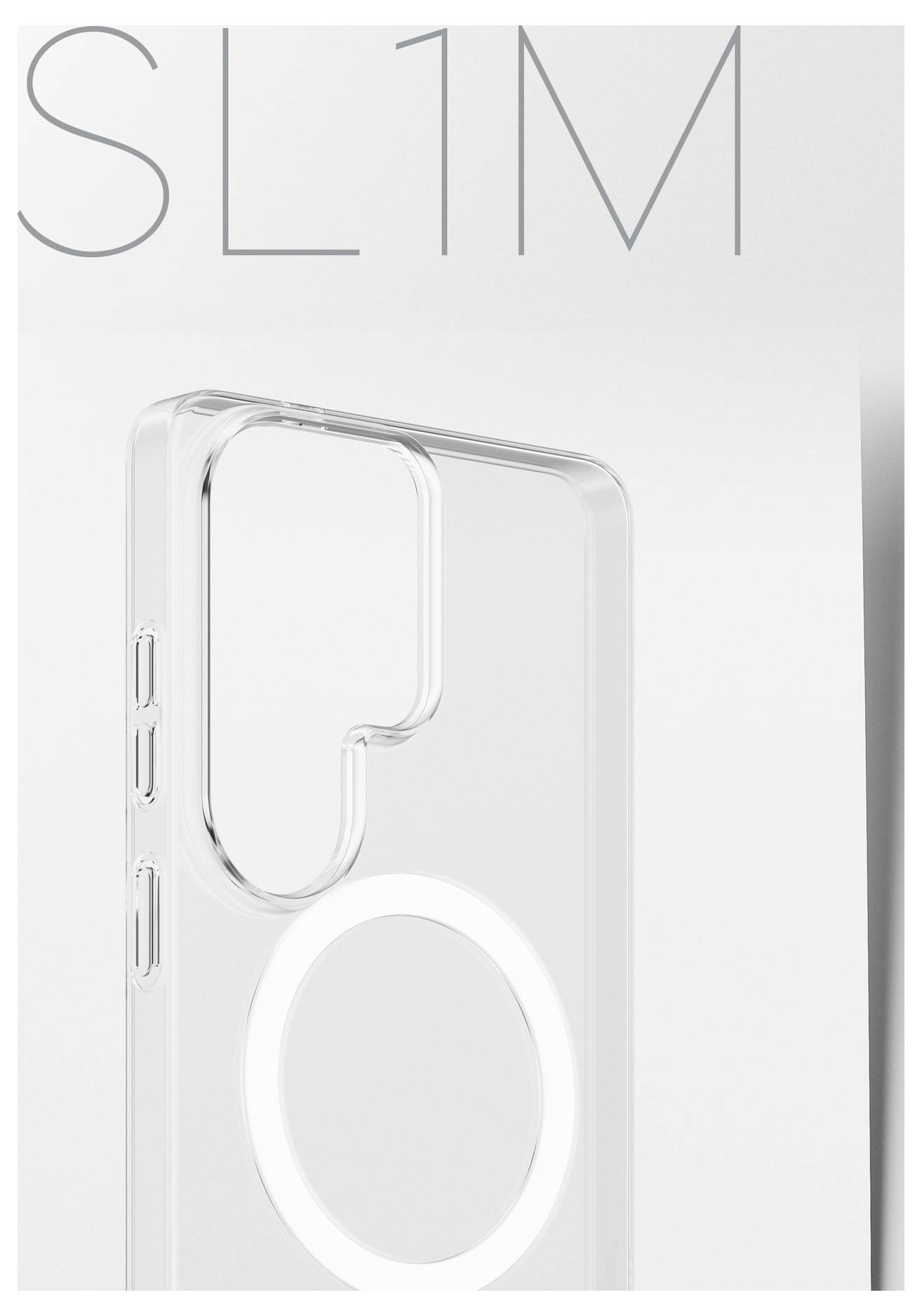 'SL1M' Handyhülle mit schlankem, transparentem Design mit präzisen Kamera- und Tastaturausschnitten, die minimalistische Eleganz hervorhebt.
