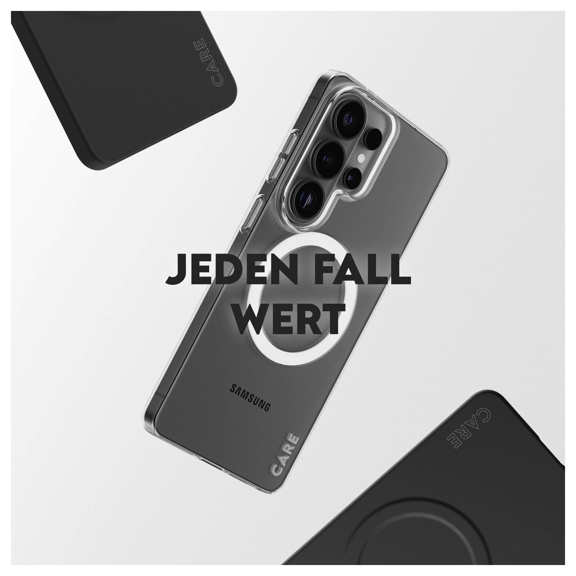 Ein Samsung-Telefon in einem transparenten Gehäuse mit Ringhalter, umgeben von schwarzen Telefonständern. Der Text lautet „Jeden Fall wert