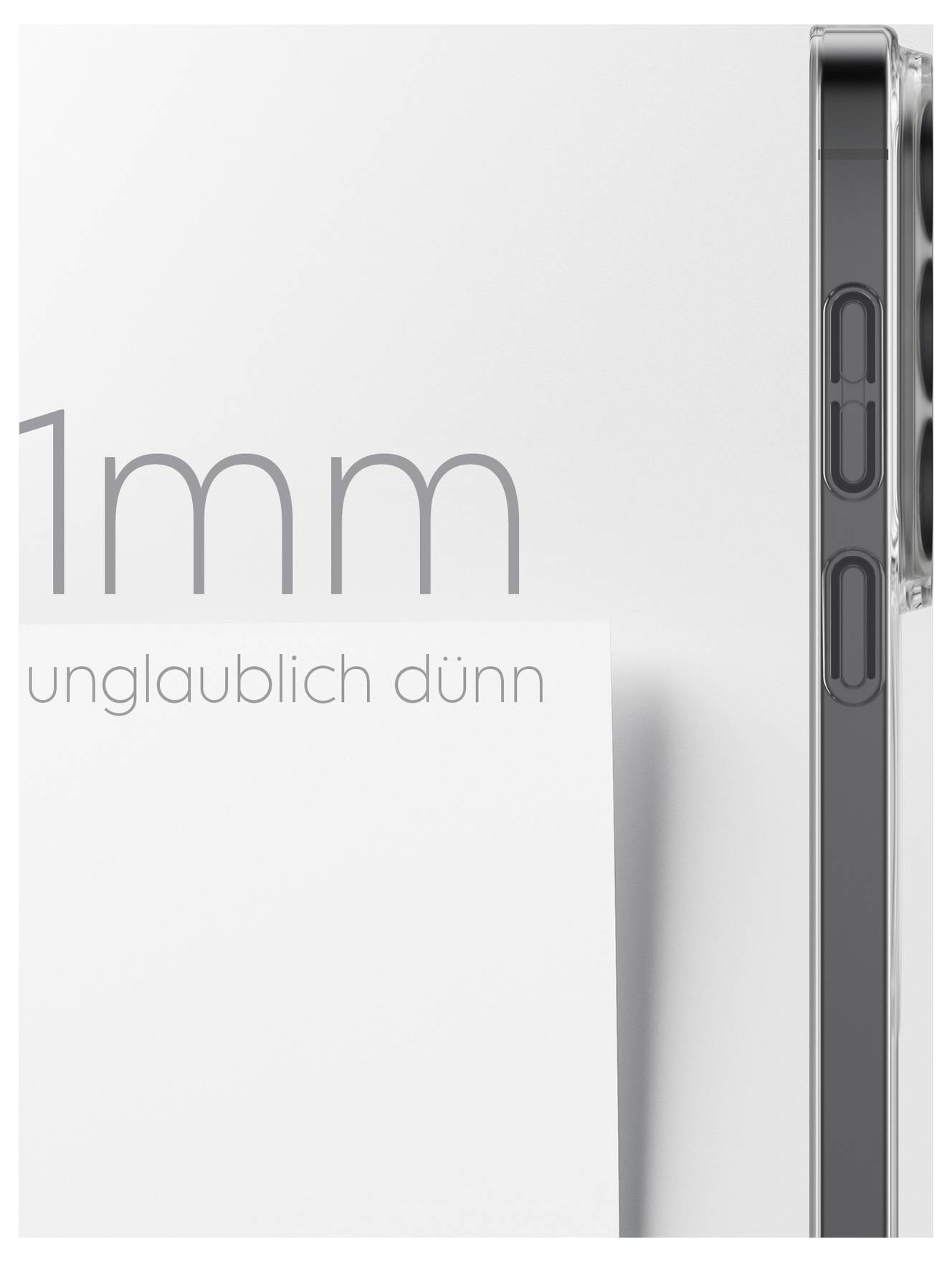 Seitenprofil eines eleganten Smartphones neben einem Blatt Papier. Text auf dem Bild: „1 mm unglaublich dünn