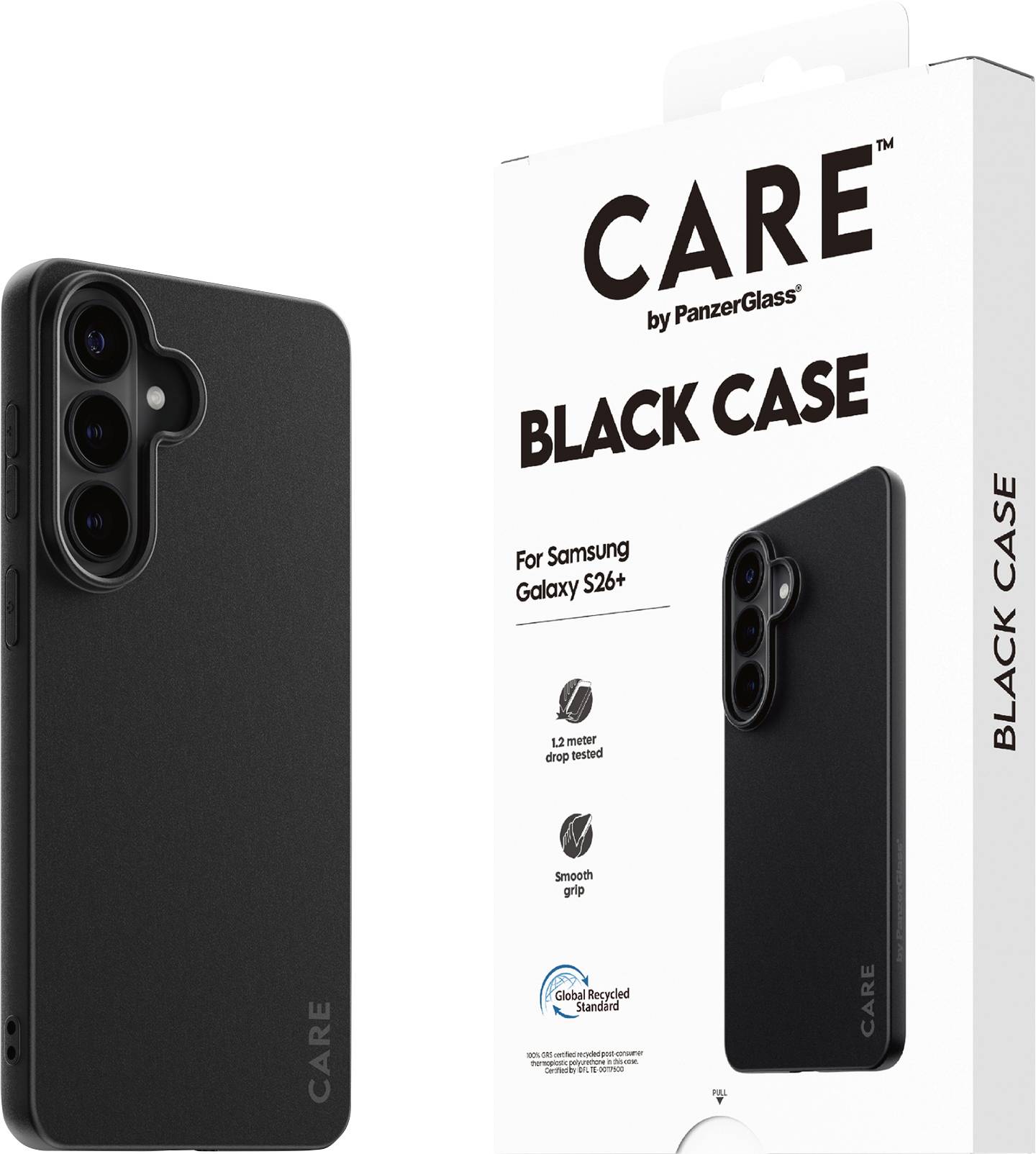 Schwarze Handyhülle von PanzerGlass für Samsung Galaxy S26+. Mit antibakterieller Behandlung, Fallschutz aus 13 Fuß Höhe und ergonomischem Griff.