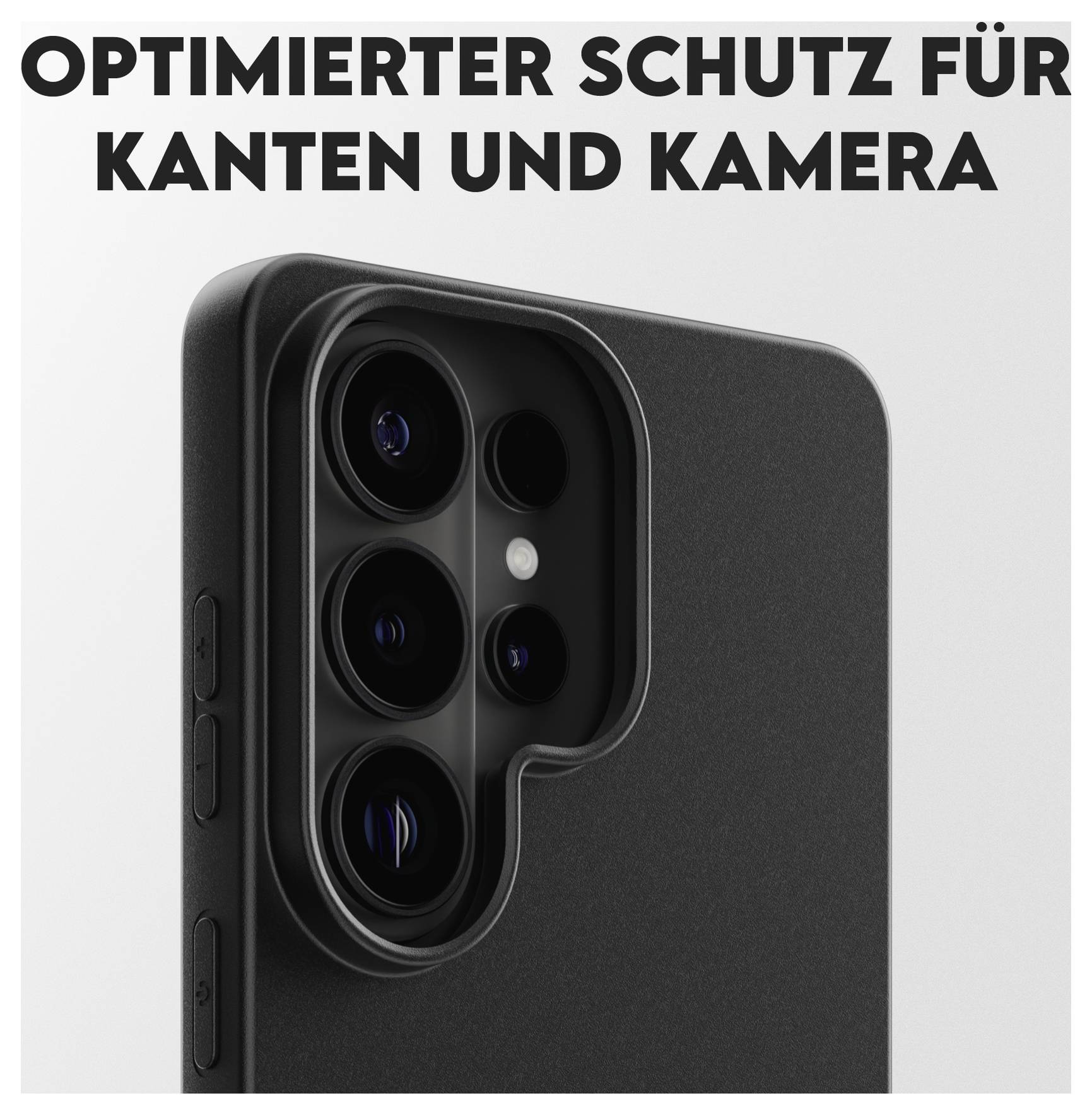 Eine Nahaufnahme eines Smartphones mit Schutzhülle, die optimierten Kanten- und Kameraschutz hervorhebt.