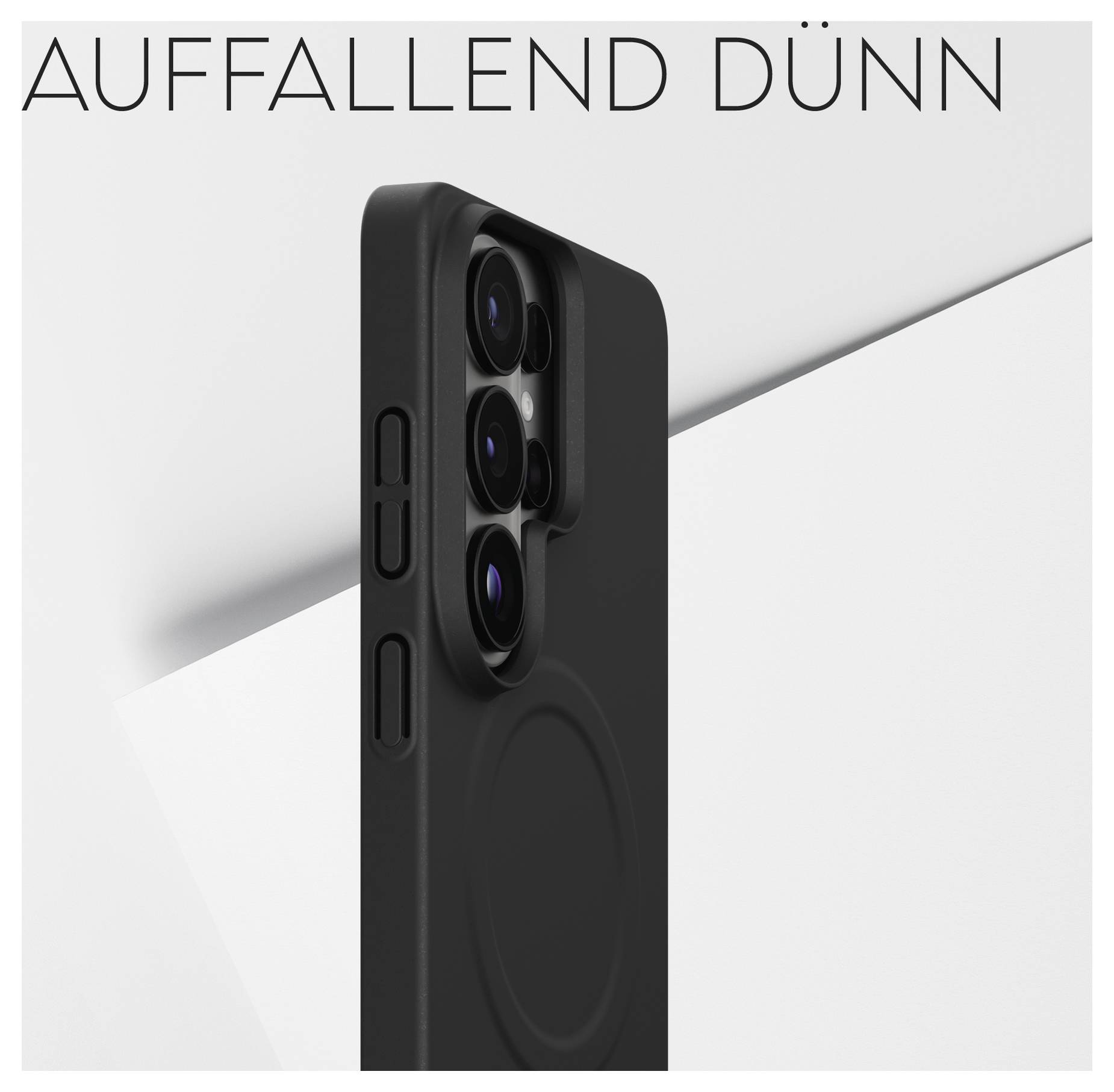 Ein schlankes, schwarzes Handyhülle mit präzisen Aussparungen für Tasten und Kameraobjektive vor minimalistische Hintergrund. Der deutsche Text lautet „AUFFALLEND DÜNN