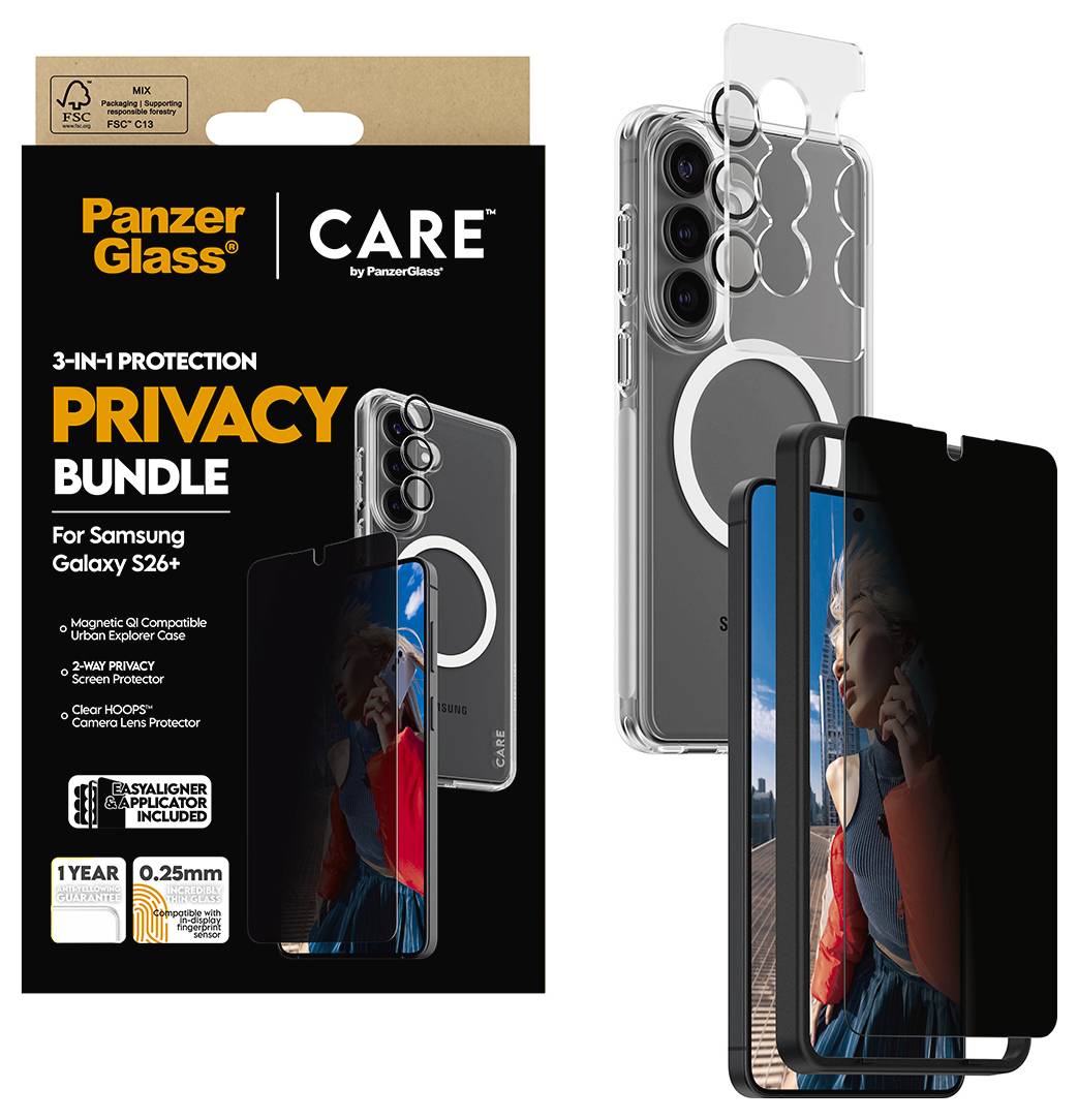 PanzerGlass 3-in-1-Schutzpaket für Datenschutz für Samsung Galaxy S26+: Hartschale, Displayschutzfolie mit Datenschutz, Kameralinsenschutz.